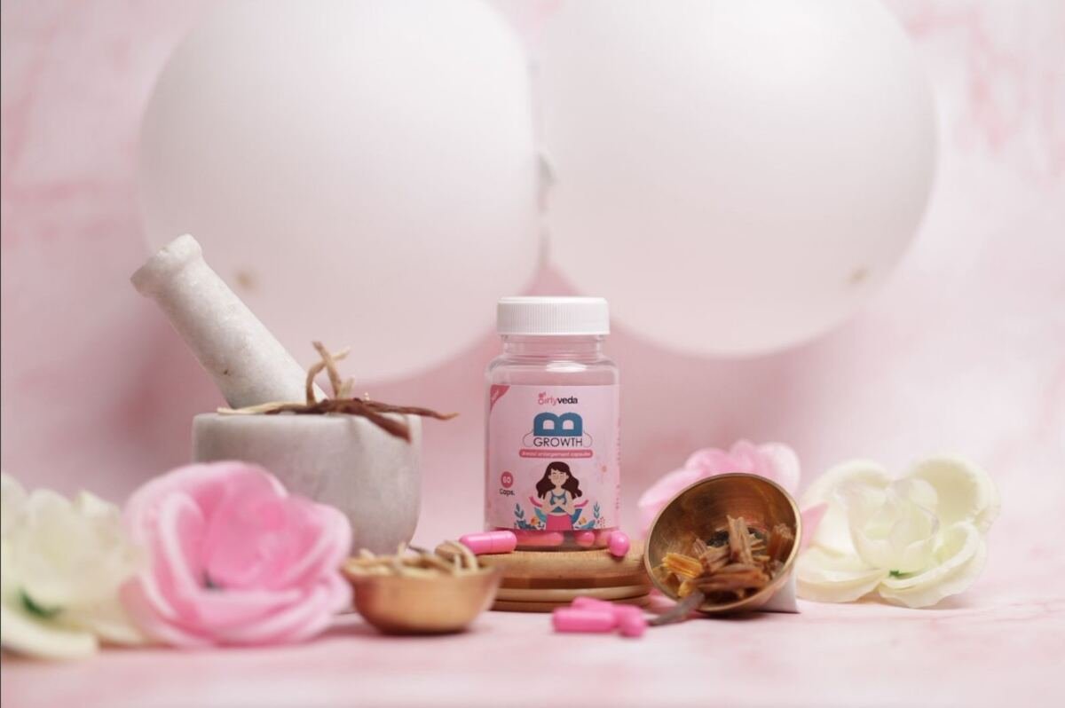 Girlyveda, B Growth Capsules, Ayurvedic, women's wellness, skin firmness, breast enhancement, feminine health, natural supplements, herbal, Shatavari, Ashok, Vidhari Kand, Safed Musli, body tone, hormonal balance, plant-based, India