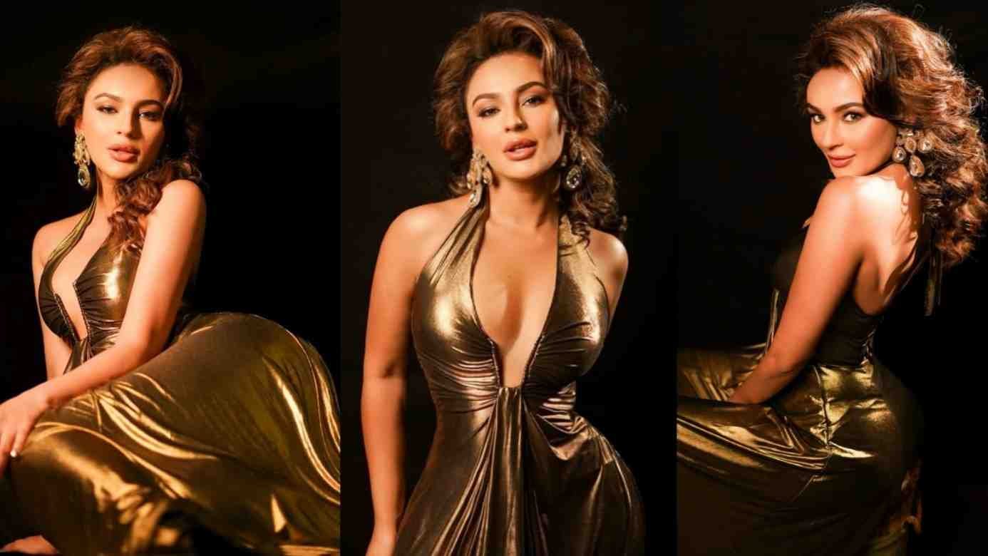 Seerat Kapoor, Golden Dress, Fashion Steal, Halter Neckline, House of Pink, Celeb Style, Party Wear, Deep Plunging Neck, Affordable Fashion