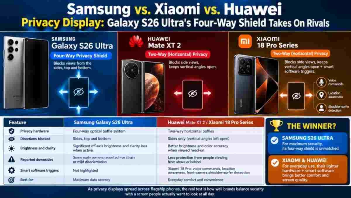 Samsung Galaxy S26 Ultra, Xiaomi 18 Pro and Huawei Mate XT 2 side by side comparing built-in privacy display screens